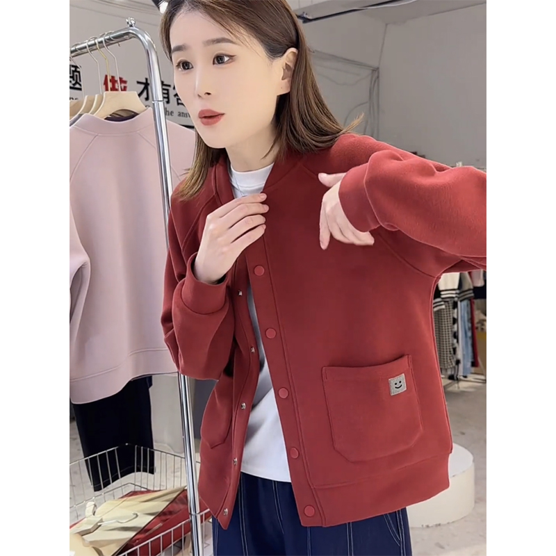 贴布笑脸休闲纯色口袋棒球夹克
