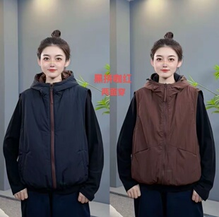 两面穿连帽棉马甲女2025秋冬新款宽松拉链外套撞色百搭上衣坎肩女