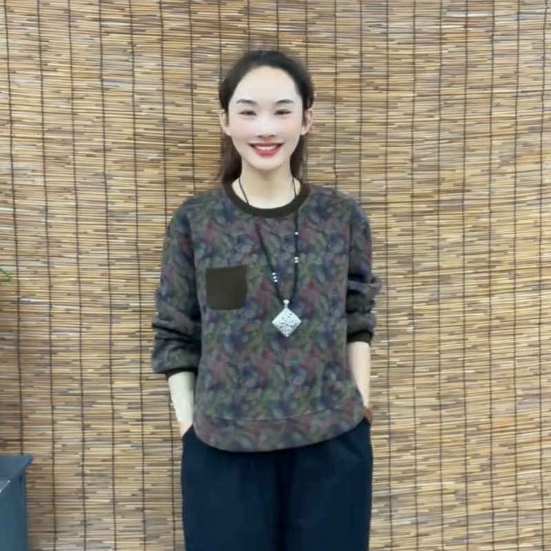 休闲印花加绒加厚圆领长袖卫衣