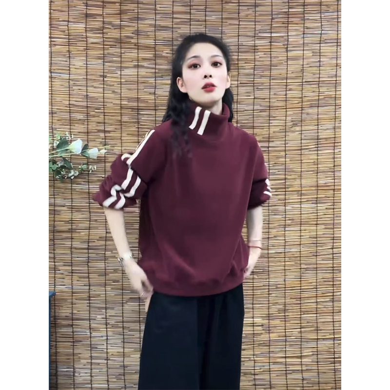 拼条双面奥粒绒加厚高领卫衣女