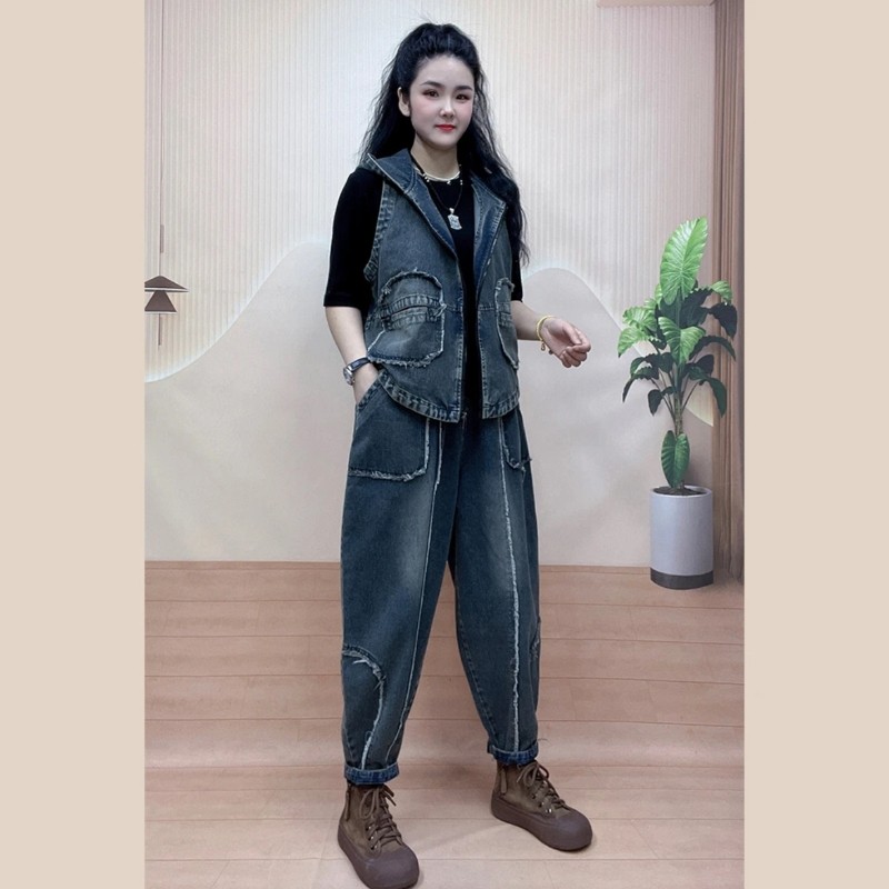 2024新款夏季牛仔两件套穿搭减龄百搭连帽马甲宽松休闲哈伦裤套装,女装/女士精品,时尚套装,淘宝优惠券,粉丝福利购,淘宝优惠卷