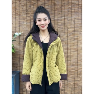 2025年冬季新款印花连帽棉服女宽松显瘦百搭拉链撞色加厚条绒棉衣