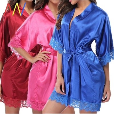 极速Sexy Plus Size Satin Lace KimonoG Sleepwear Sexy Night G
