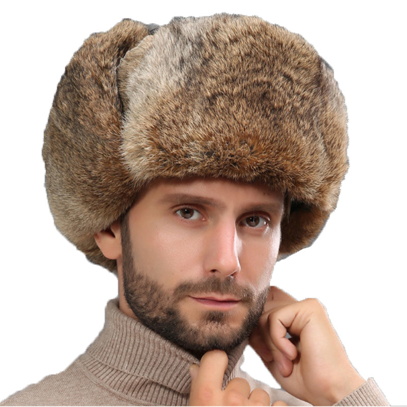 极速Thick Warm Bombepr Hat Men Real Rabbit Fur Earflap apper