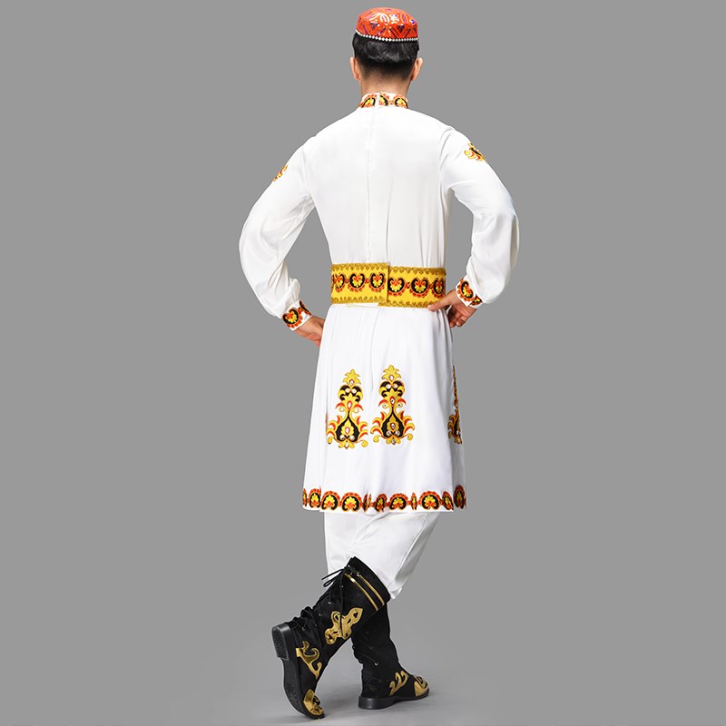 极速男士新疆舞蹈服装维吾尔族演出服装白色长袖哈萨X克斯坦服装