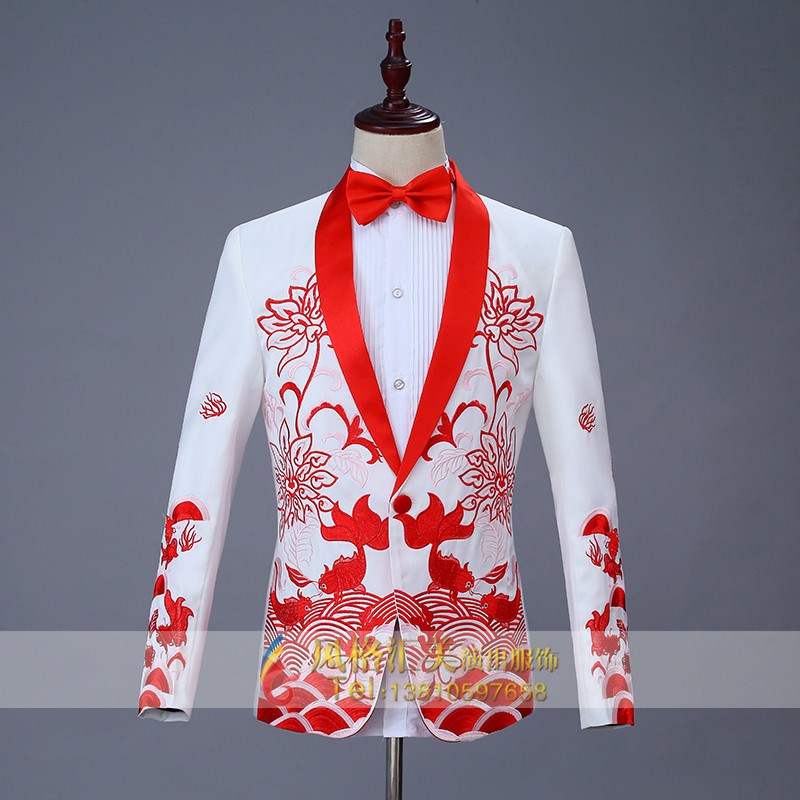 极速新款b男士青果领合唱演出服装主持人舞台服装礼服白色刺绣西
