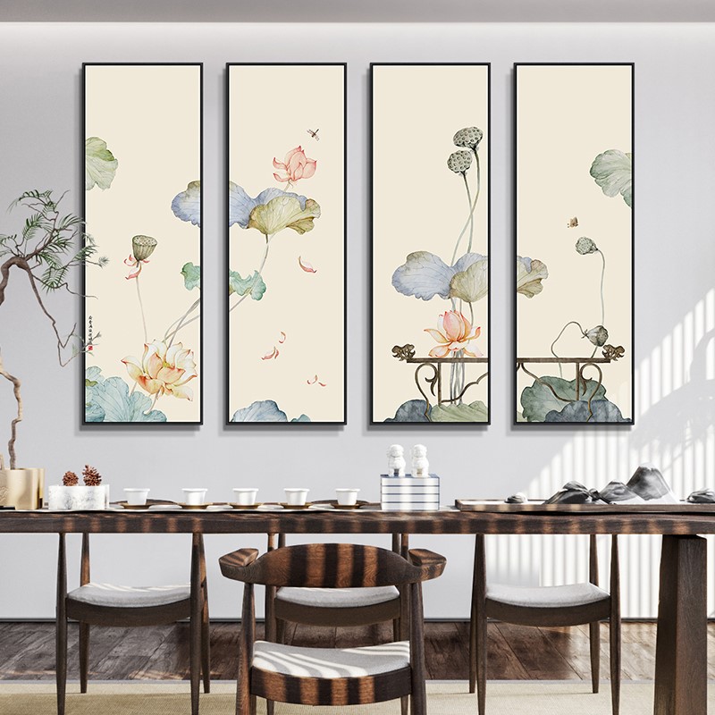 极速玄关禅意墙画竖新中式u沙发背景墙四联挂画客厅荷花装饰画茶图片