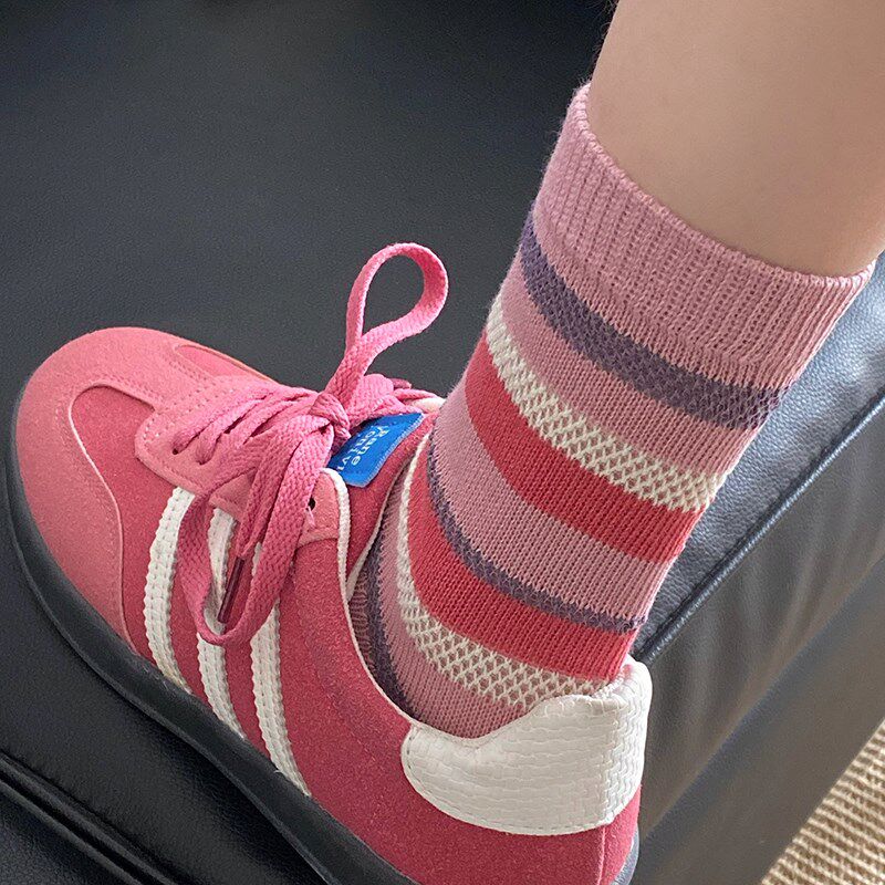 极速条纹袜子女中筒袜ins潮纯棉春夏季K薄款镂空网眼撞色无骨堆堆