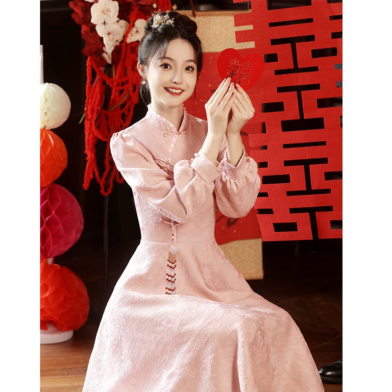 粉色旗袍敬酒服新中式订婚宴回门礼服裙结婚当R天新娘便装女秋冬