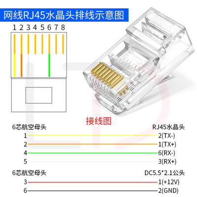 新品6芯航空车载网络RJ45水晶头DC转接线监控录T像机视频摄像头连