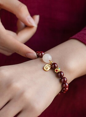 新品普陀山朱砂手串m女款本命年护身天然原矿和田玉蛇年手链护身