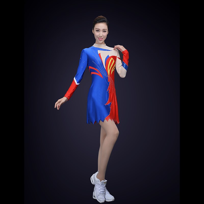 极速新款成人艺术体操服装定制蓝色健美操服装舞台装W长袖竞技健