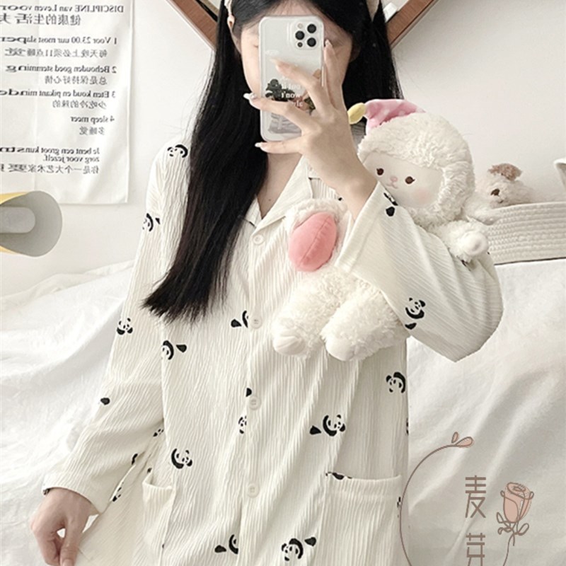 极速睡裙女春秋季梭织纱布长袖睡衣H女士可爱熊猫家居服可外穿