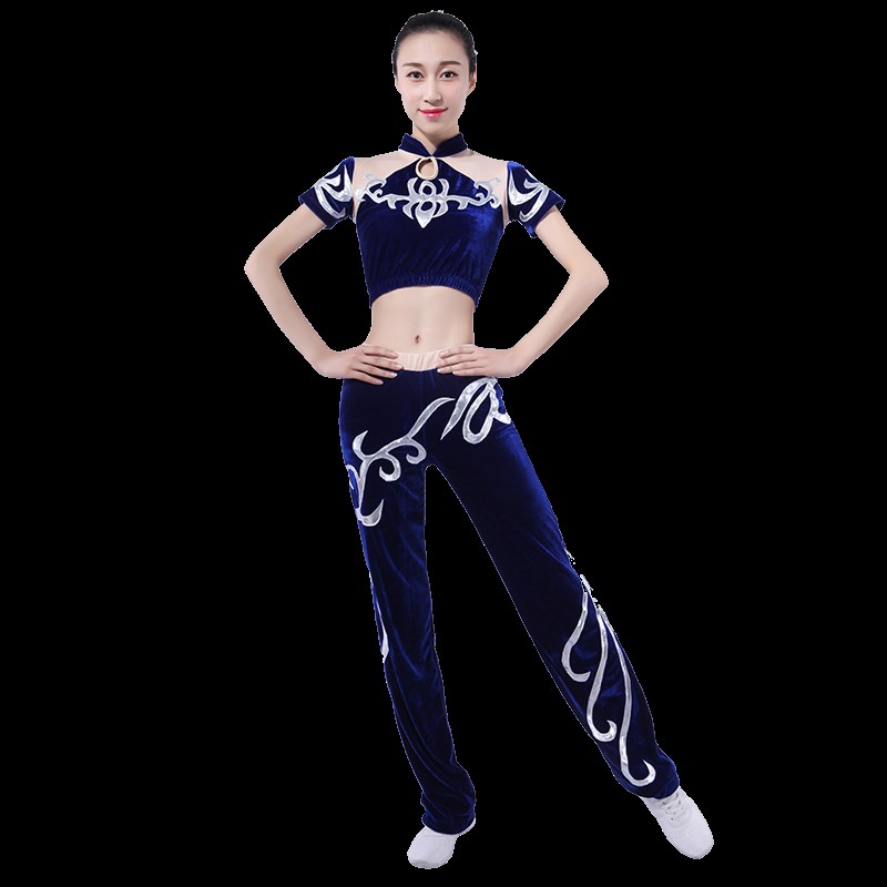极速大学生健g美操服装演出服男女啦啦操比赛服丝绒蓝色健美操竞