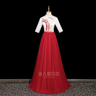 新品大合唱团演出服长裙女新中式民E歌独唱晚礼服红色指挥比赛服