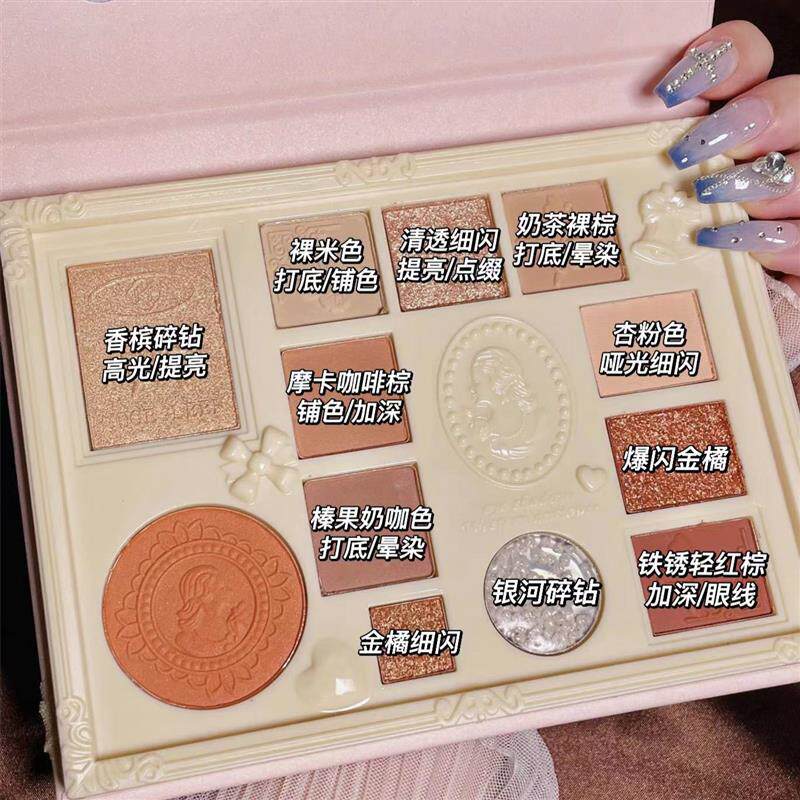 极速十二色学生浮雕眼影盘复古蕾丝高光哑光亮R片超闪一体盘修容