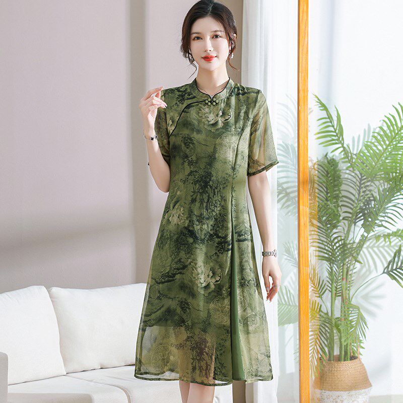 新品新中式改良旗袍年轻妈妈夏装国风洋K气质连衣裙中老年女装复