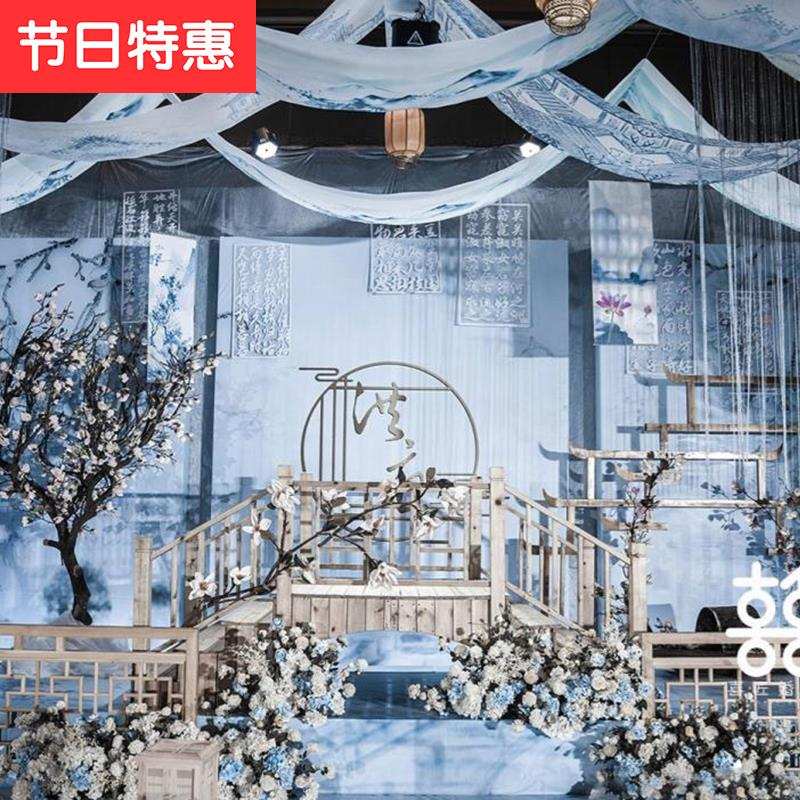 极速新中式婚礼道具水墨画飘w顶纱幔卷轴画挂画飘纱婚庆y顶部装饰