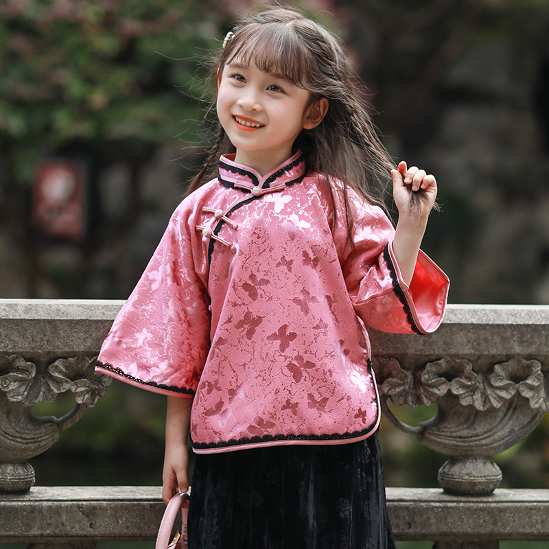 儿童改良汉服旗袍秋新款女童民国风古风唐装中式两件套洋派公主裙
