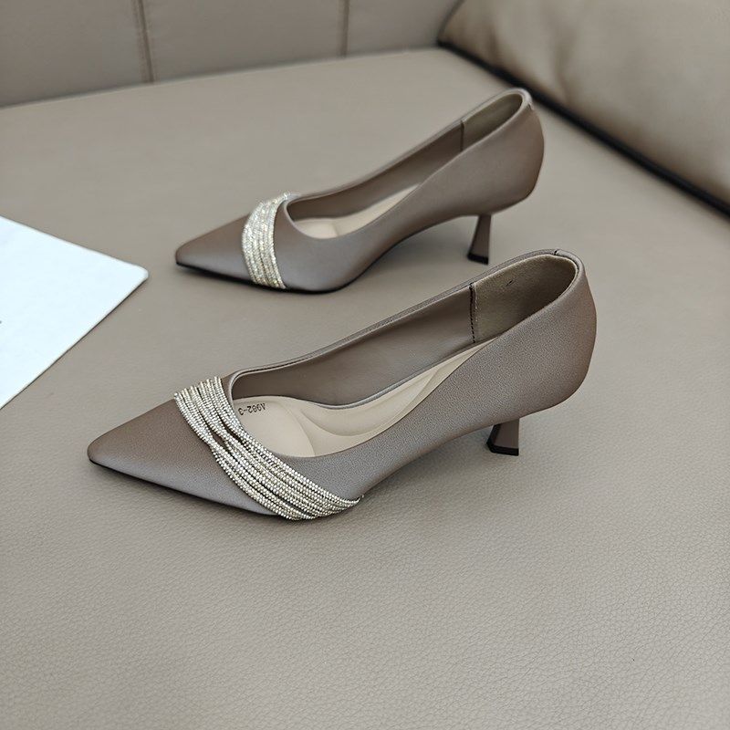 法式尖头仙女浅口百搭单鞋女2024新款时尚细跟中跟气质水钻高跟鞋,女鞋,浅口单鞋,淘宝优惠券,粉丝福利购,淘宝优惠卷