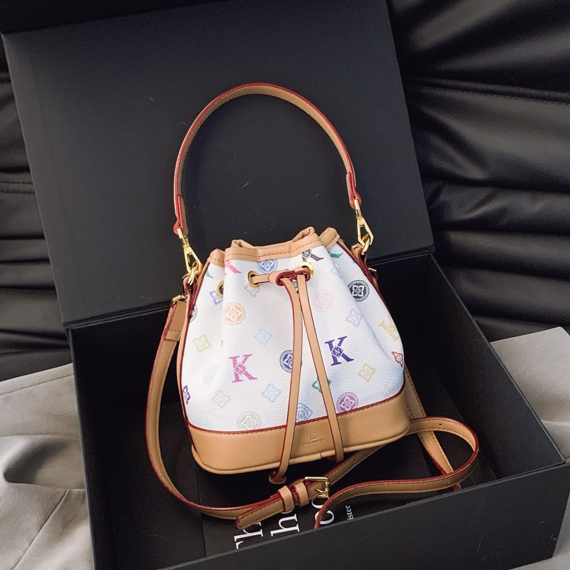 复古老花抽绳迷你小水桶包包女2025新款潮百搭单肩斜挎包手提女包