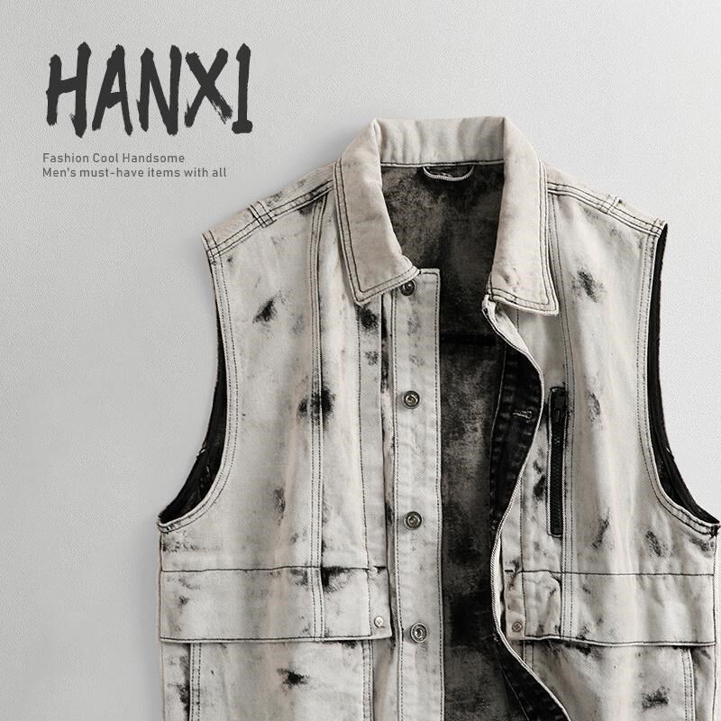 重工艺扎染小众复古无袖坎肩牛仔马甲男春季潮牌户外机车工装背心