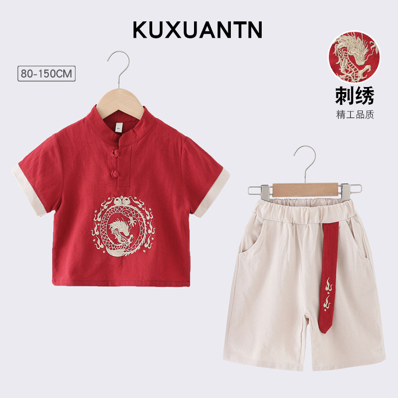 儿童汉服男童夏季薄款套装宝宝中国风古装国学表演服女童纯棉唐装图片