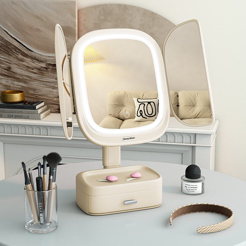 2024新款LED镜子化妆镜台式桌面带灯学生家用收纳带抽屉补光镜