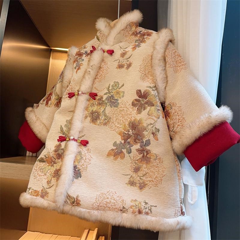 2024洋气女童加绒中国风裙汉服拜年服冬季女宝中式假两件唐装棉服