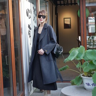 朝霜服饰商行秋冬双面绒大衣女中长版毛呢外套浴袍西装领赫本风