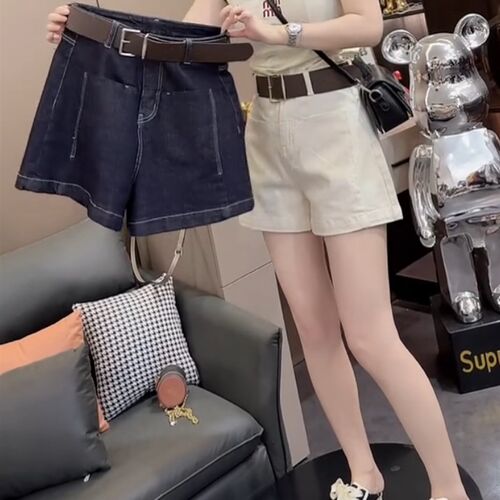 杏色阔腿牛仔短裤子女2024年夏季新款大码梨形高腰宽松显瘦五分裤