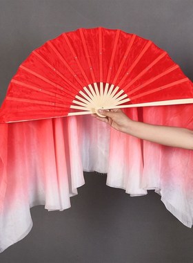 真丝舞蹈扇子双面胶州秧歌扇成人儿童大红渐变广场舞长丝绸扇