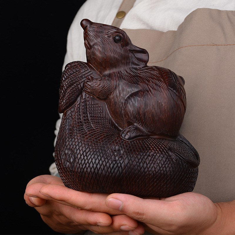 木雕摆件老鼠实木质雕刻动物生肖家居书房客厅办公店铺桌面工艺品