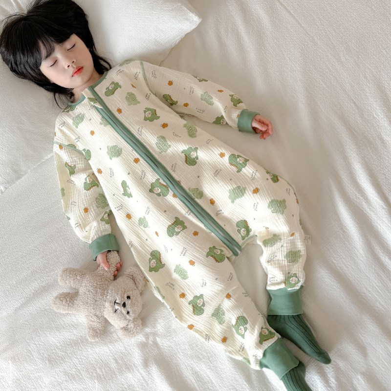 儿童连体睡衣男童恐龙纯棉纱布春秋款宝宝睡袋春夏季两岁男孩夏天