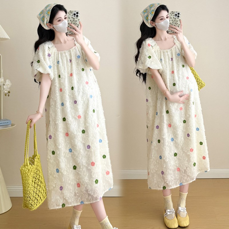 孕妇夏季连衣裙韩式设计感宽松孕妇装遮肚大码方领薄款夏天裙子女