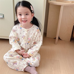 2025春季新款儿童纯棉纱布长袖长裤睡衣套装男女宝宝泡泡纱家居服