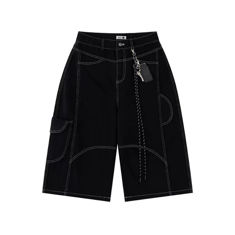 美式复古解构明线多口袋工装短裤男女设计感阔腿裤牛仔七分裤潮牌