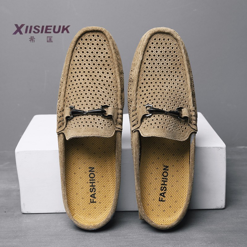 卡其色个性无后跟豆豆鞋男夏半托懒人透气镂空一脚蹬半拖痘痘皮鞋