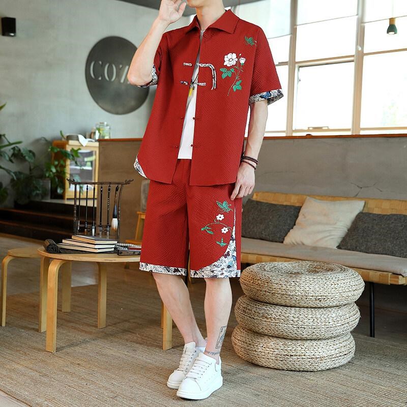 新中式民族风套装男潮男休闲汉服个性短袖衬衫短裤唐装青少年男装