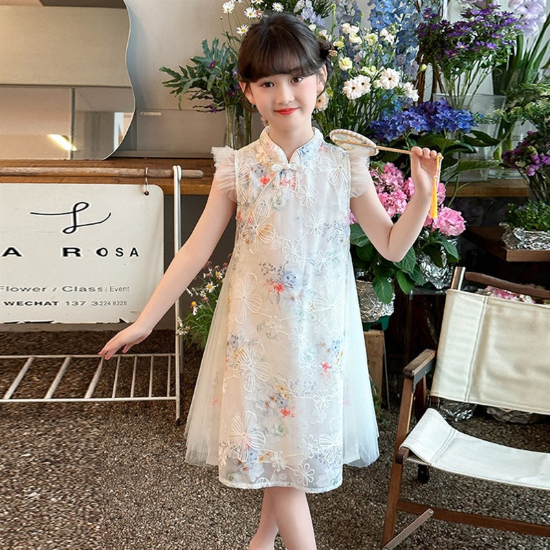女童旗袍连衣裙纱裙夏季无袖薄款洋气时尚碎花裙2025新款新中式潮