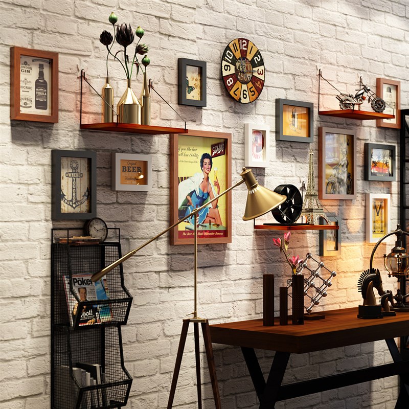 高分子2594美式复古照片墙组合相框装饰画钟表壁挂画框客厅背景墙