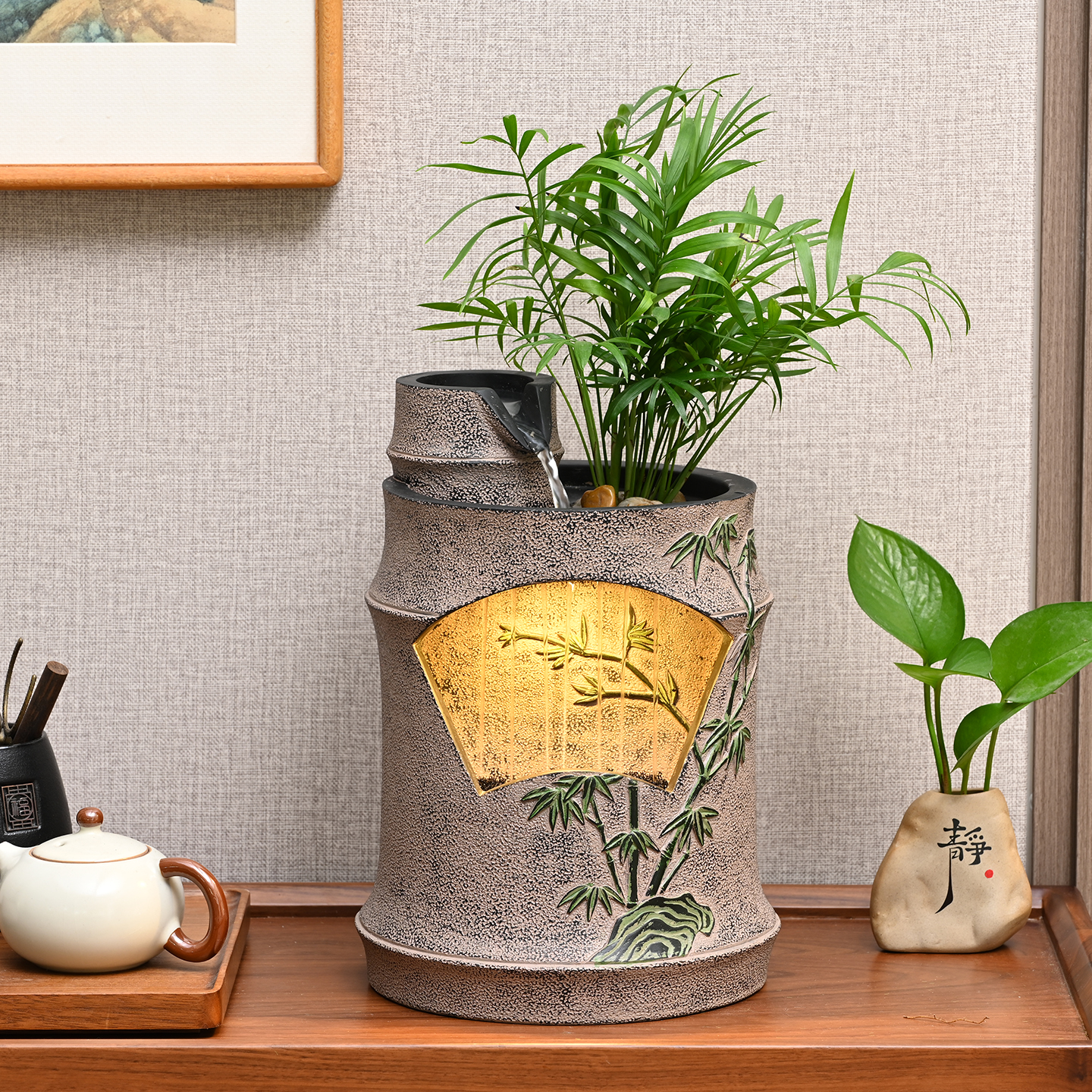 新中式循环流水摆件客厅茶室桌面仿竹子高档装饰节节高升开业礼