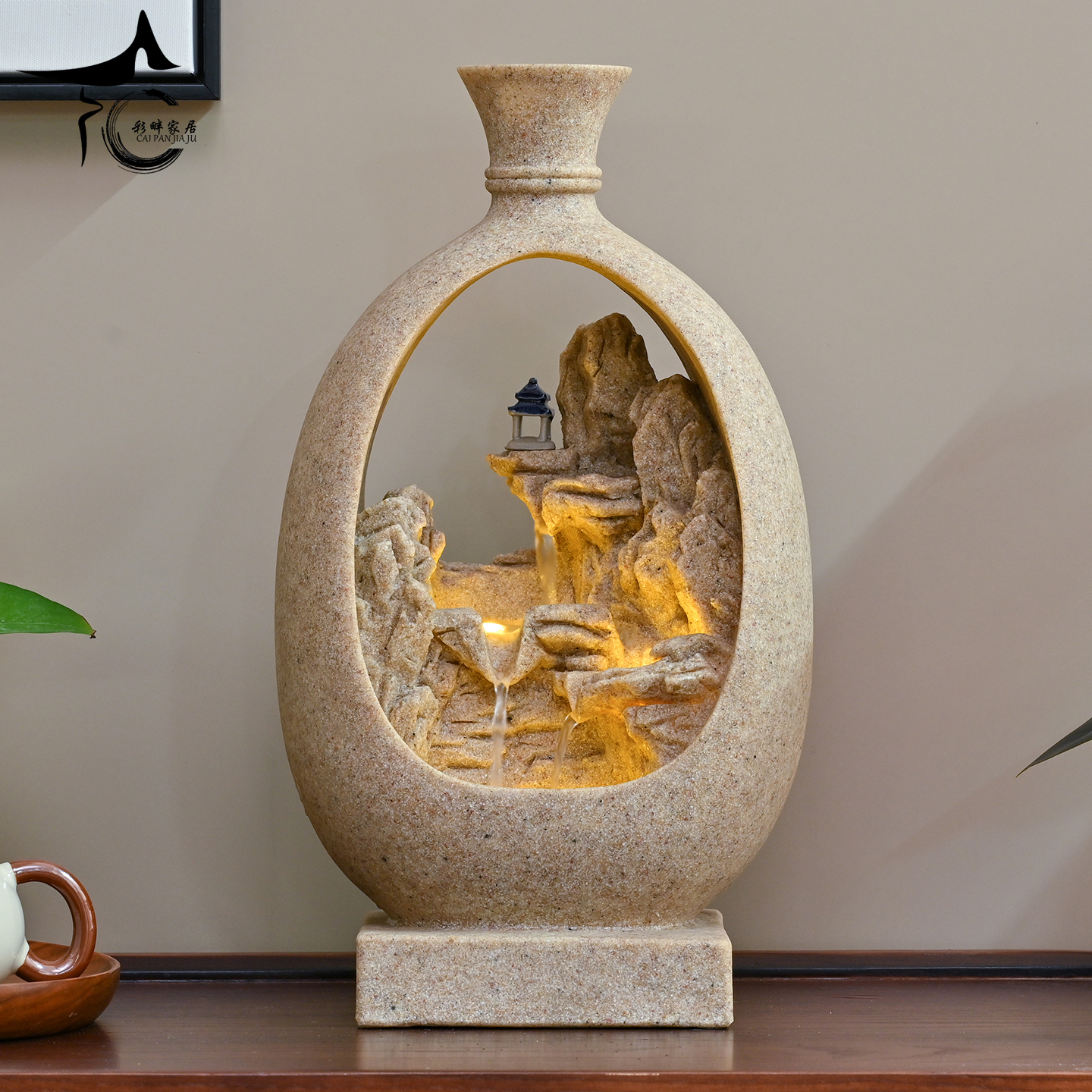 中式假山流水桌面摆件