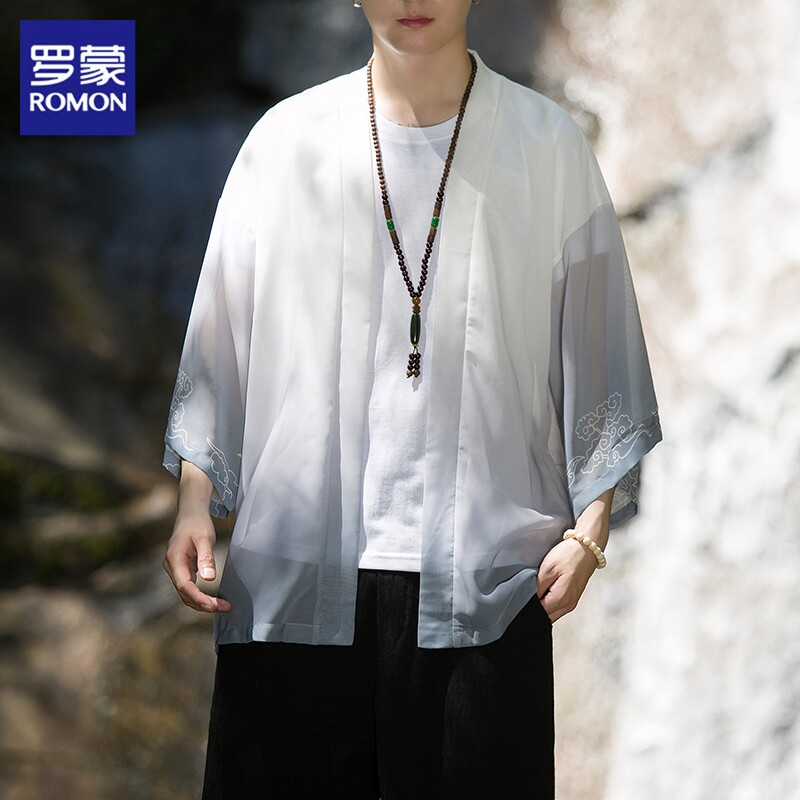 罗蒙中国风短袖衬衫男士夏季防晒衣外套汉服渐变冰丝七分袖衬衣男