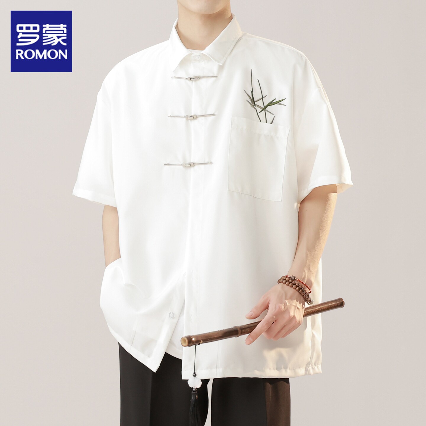罗蒙刺绣短袖衬衫男士夏季薄款宽松国风免烫寸衫休闲透气衬衣男装