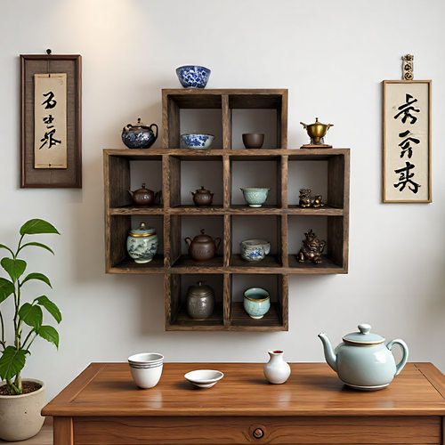 批发挂墙博古架中式实木多宝阁创意紫砂壶茶杯茶具展示置物架