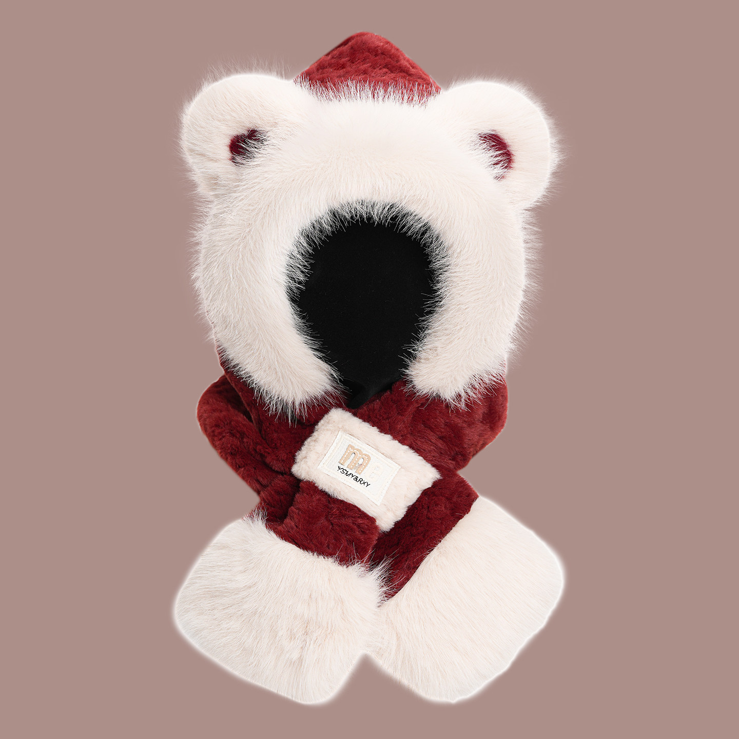 可爱小熊帽子围巾一体女新款秋冬季加绒围脖防寒保暖毛茸茸护耳帽