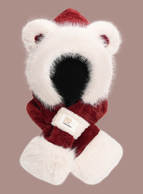 可爱小熊帽子围巾一体女新款秋冬季加绒围脖防寒保暖毛茸茸护耳帽