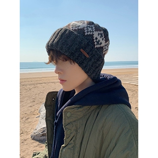 费尔岛毛线帽男冬季帽子男士包头秋冬针织帽男生黑色加绒冷帽男生