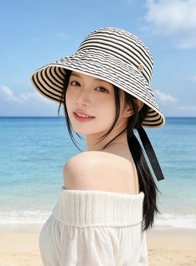韩版复古条纹渔夫帽子女款可折叠大帽檐夏季遮阳防晒帽蝴蝶结盆帽
